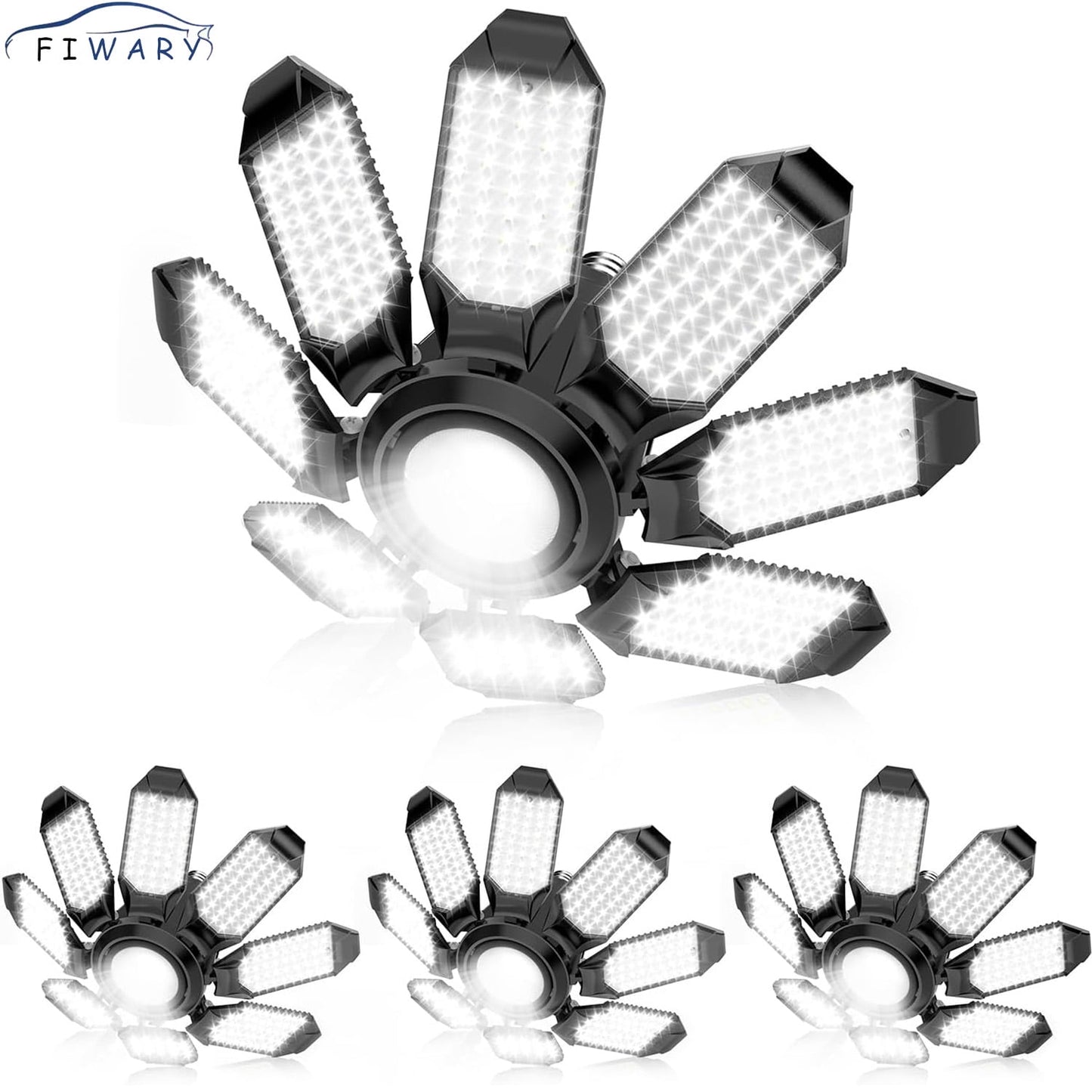 FIWARY Garage Lights -Super Bright 250W LED Garage Ceiling Light w/ 8 Deformable Panels 6500K Led Light Bulb Srew in E26/E27 Socket with Adjustable Center Spotlight for Barn Workshop Attic -4Pack