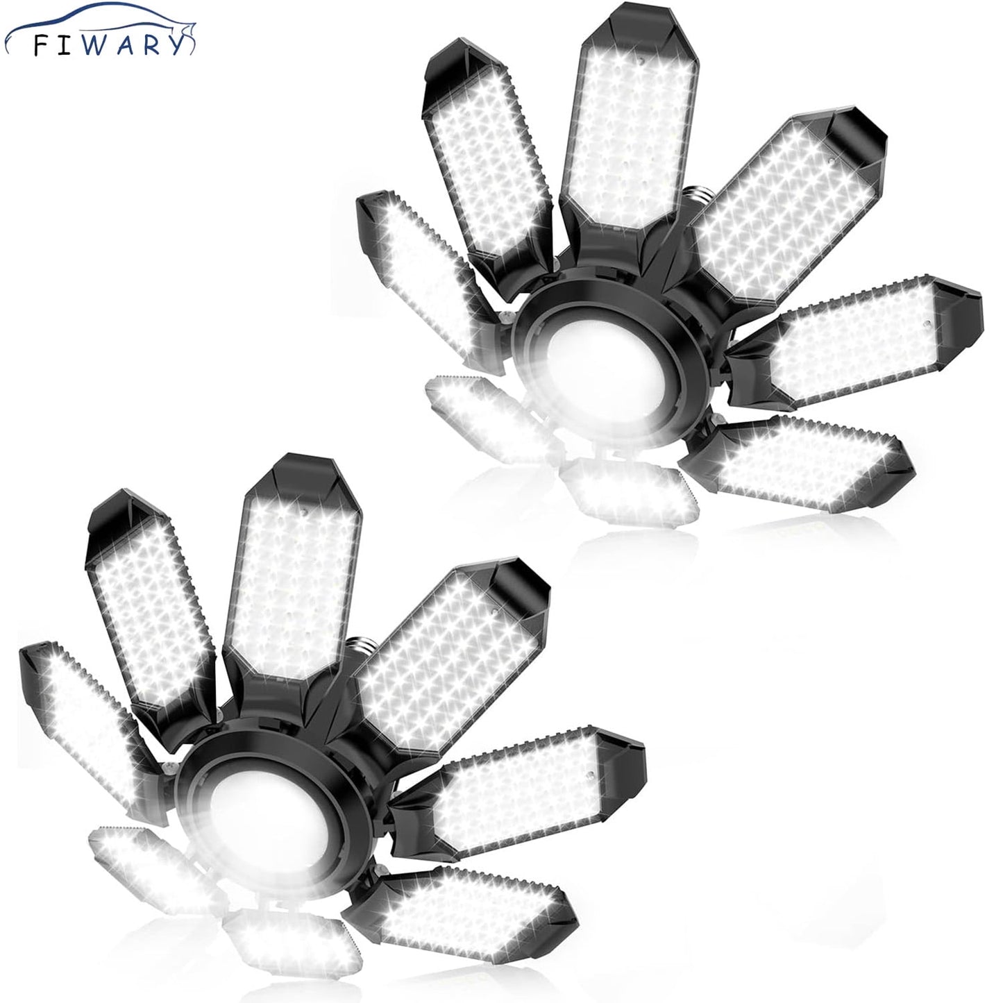 FIWARY LED Garage Light - 2Pack Bright 50000LM Garage Lights Ceiling Led w/ 8 Deformable Panels 6500K Led Light Bulb Srew in E26/E27 Socket with Adjustable Center Spotlight for Barn Workshop Attic