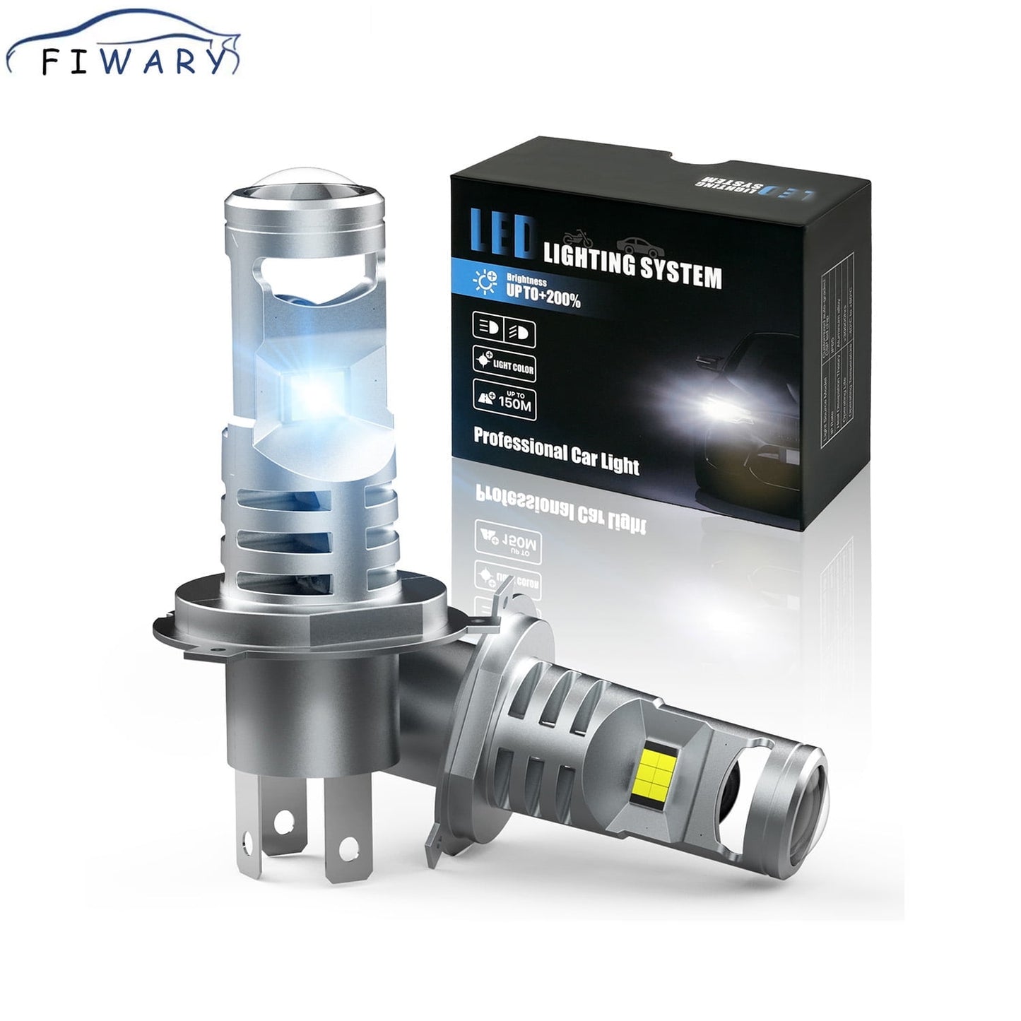 FIWARY H4 LED Headlight Bulbs 20000LM Super Bright H4 Fog Light Bulb 6500K Cool White Light H4 Bulb with Cooling Fan and Projector Len, Play and Play, Pack of 2