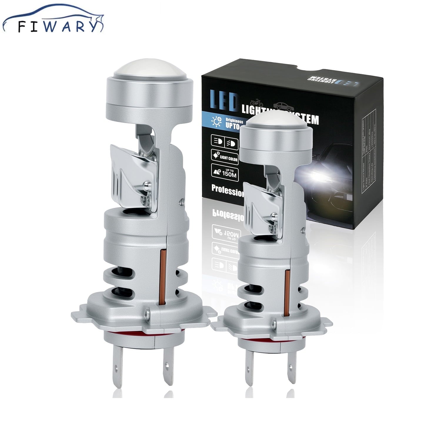 FIWARY H7 LED Headlight Bulbs 20000LM Super Bright H7 Fog Light Bulb 6500K Cool White Light H7 Bulb with Cooling Fan and Projector Len, Play and Play, Pack of 2