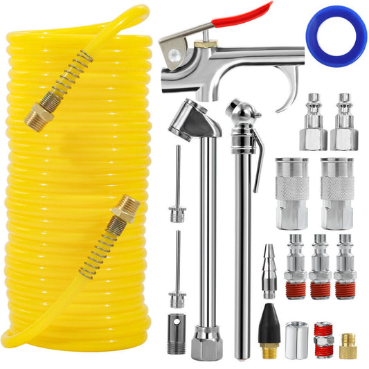 LOUVEROLA 1 Set 20Pcs Universal Air Compressor Accessory Kit 25 Ft Recoil Air Hose Gun Nozzles Set 1/4" NPT