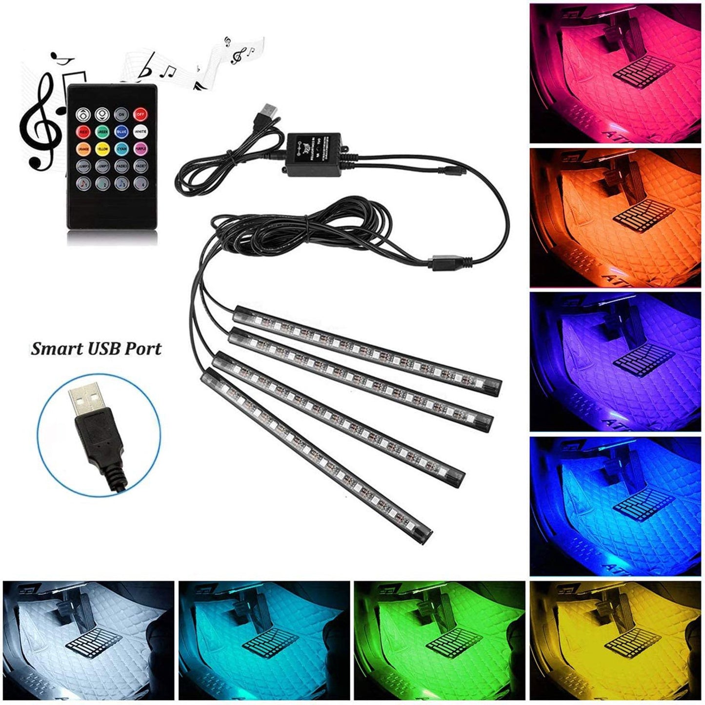 LOUVEROLA 1 Set Led Car Interior Lights Car Atmosphere Light A Tow Four 48 Light Strip RGB with USB Head, Remote Control, Voice Control for Car Motorcycle ATV