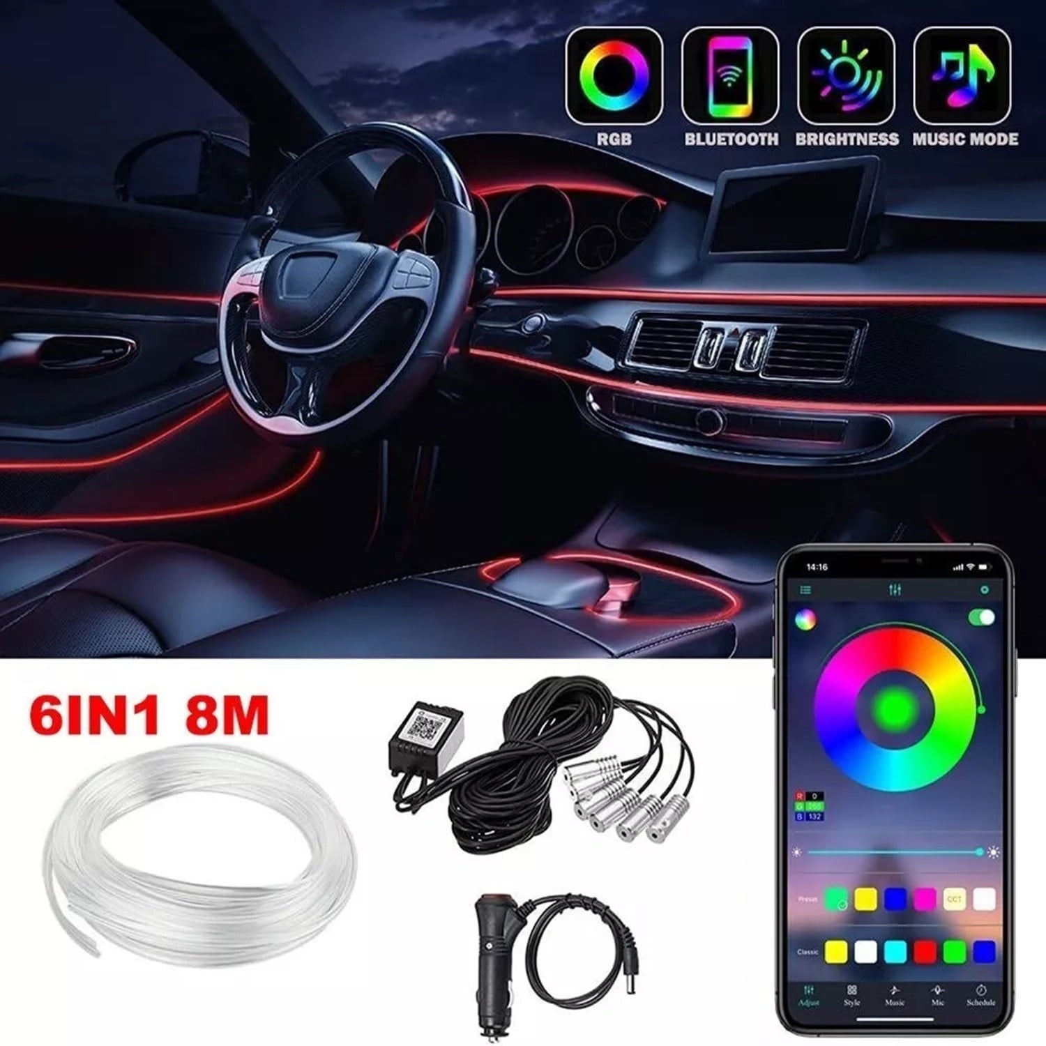 POLARPRA 1pcs car atmosphere lamp APP controls cigarette lighter to drive a six 8M light belt