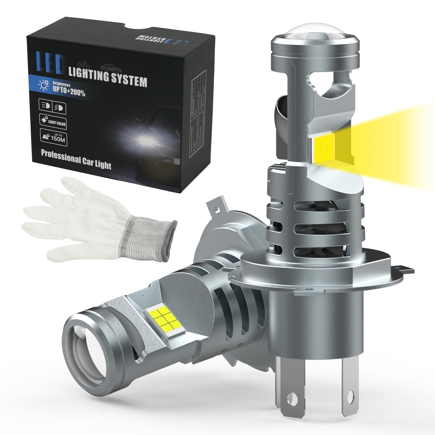 POLARPRA H4 LED Headlight Bulbs 20000LM, 6500K Cool White, Plug and Play - Pack of 2 (with Cooling Fan & Projector Lens)