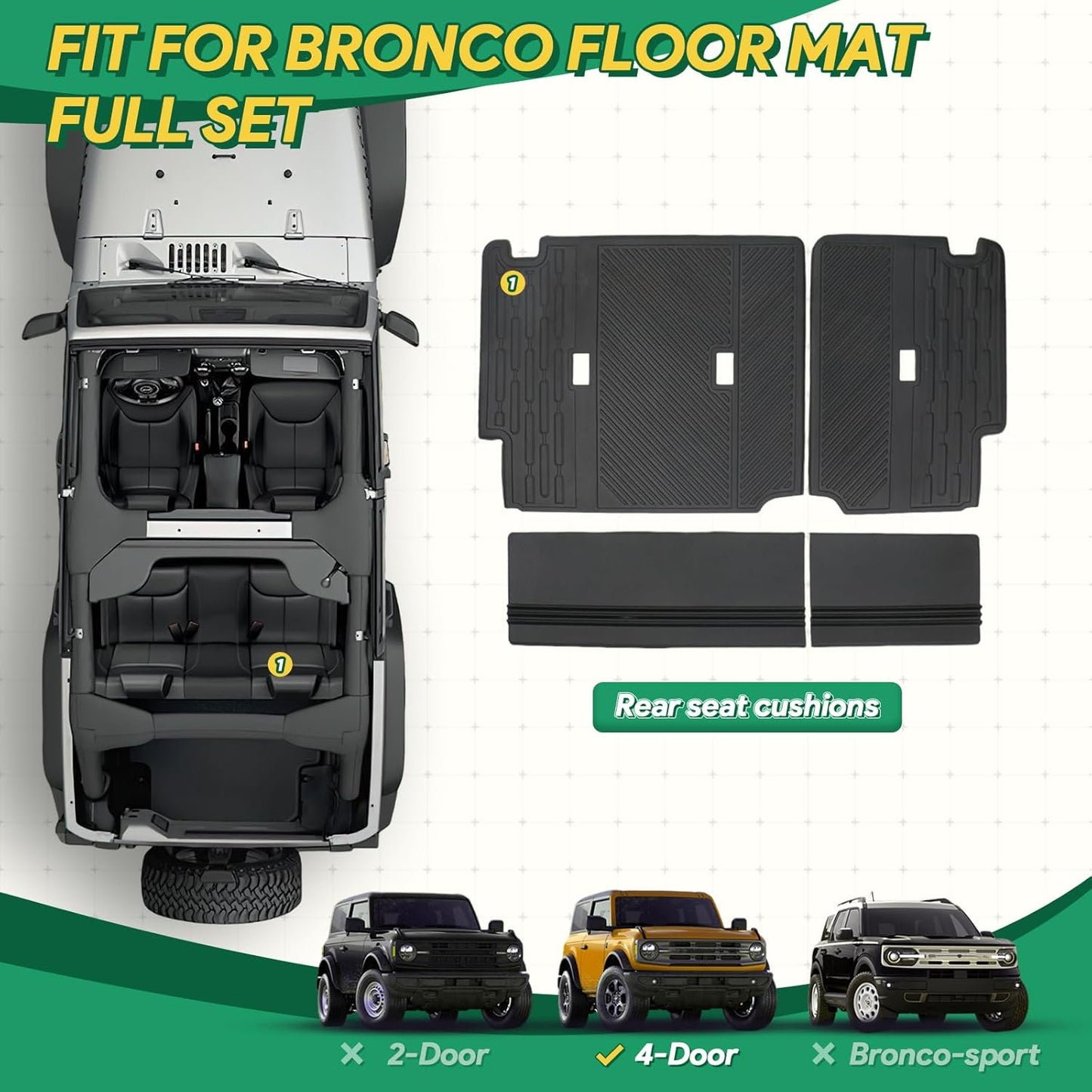 SINOCMP 4/6/9Pcs Floor Mats Fits for 2021-2024 Bronco Accessories 4 Door All Weather Waterproof Floor Liners Anti-Slip Driver Passenger Rear Seat Frunk Trunk Mat TPE Cargo Liner